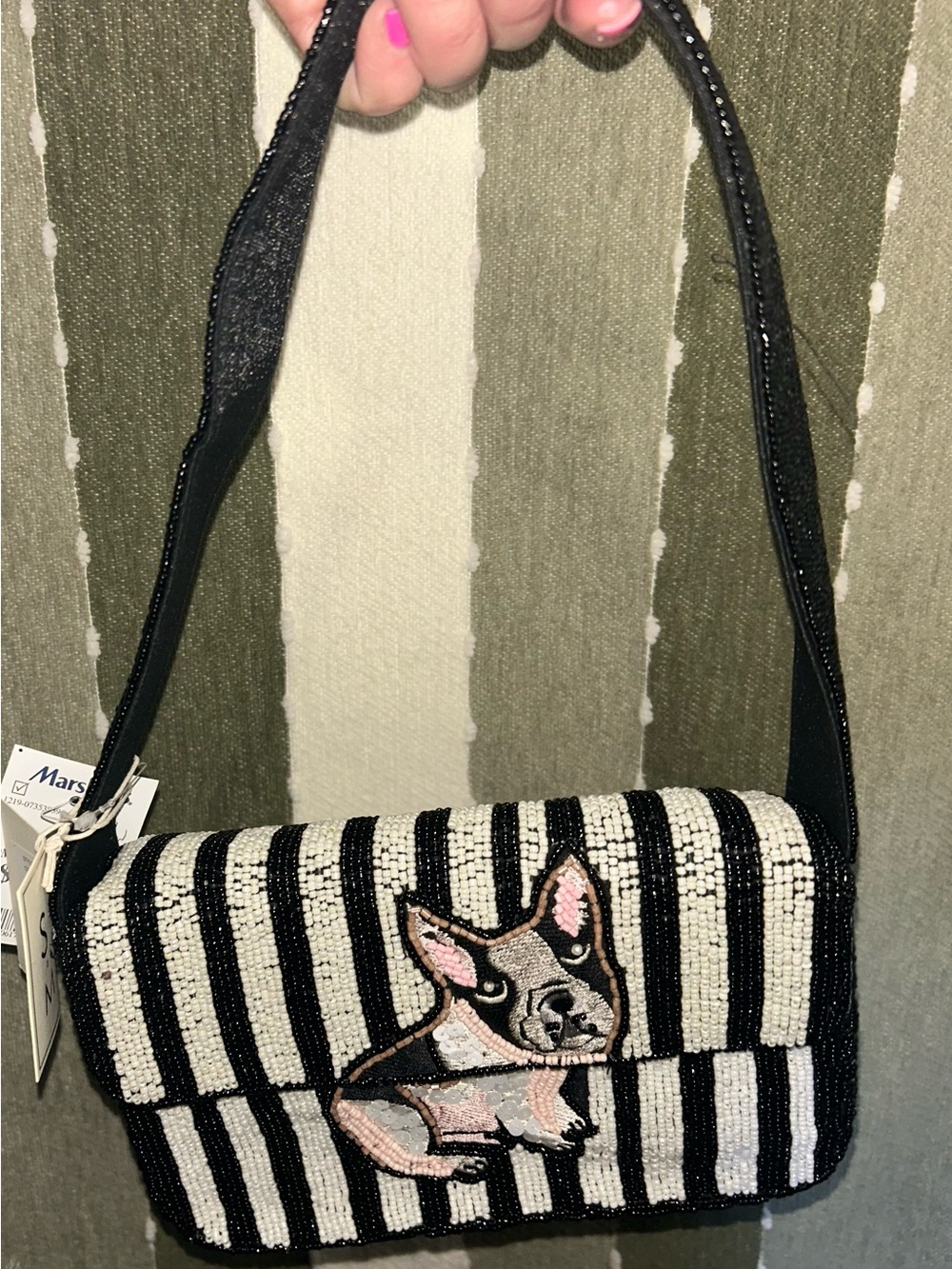 Black & White Beaded Stripe Shoulder Bag with Dog Motif